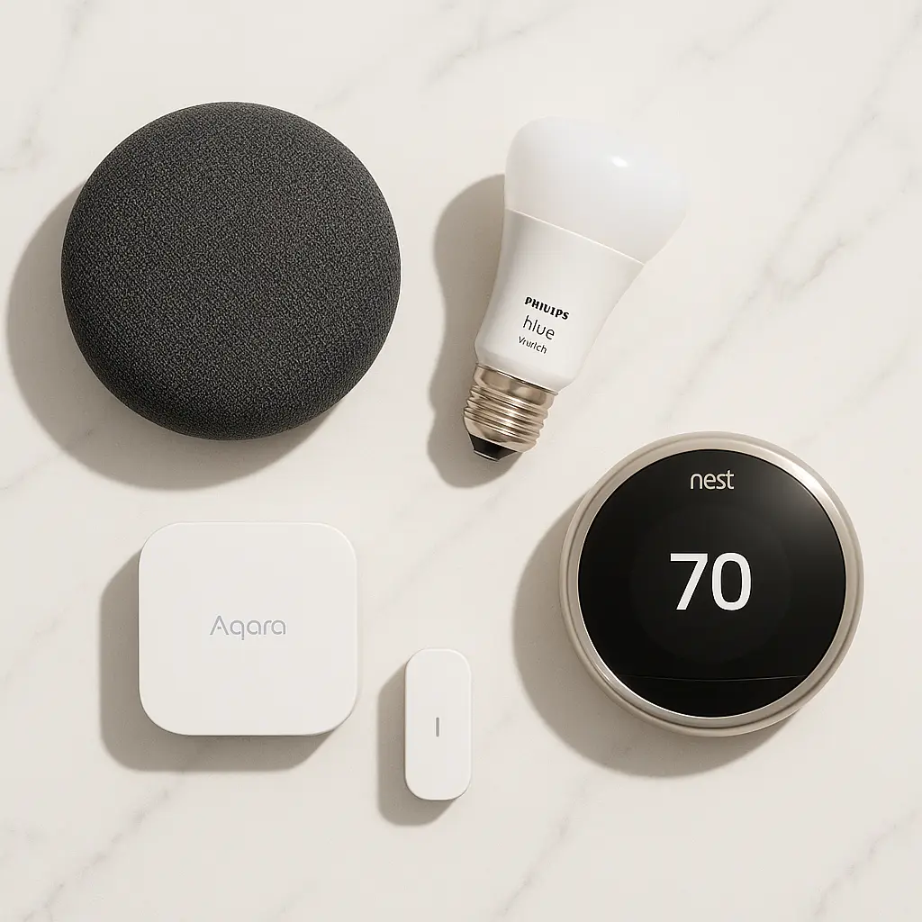 Apparaten flatlay met speaker, lamp, thermostaat en sensoren