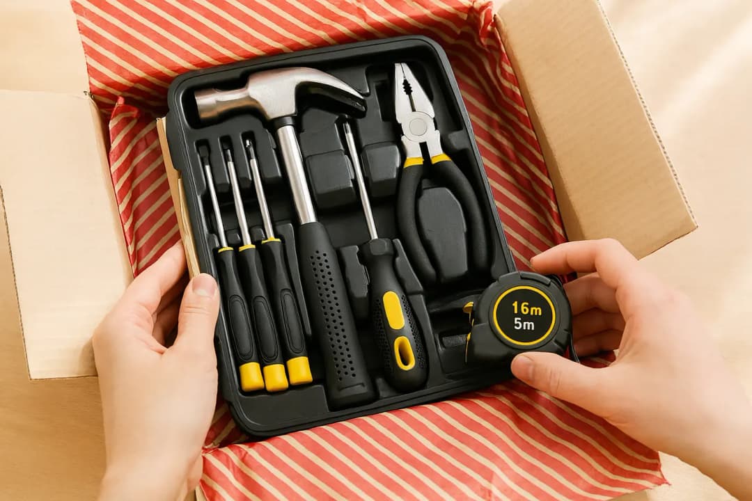Beginnende klusser opent een complete gereedschapsset als cadeau