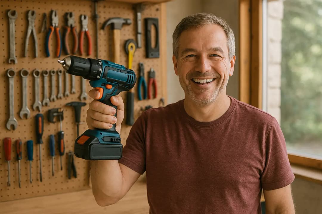 Blije klusser met nieuw gereedschap in zijn werkplaats