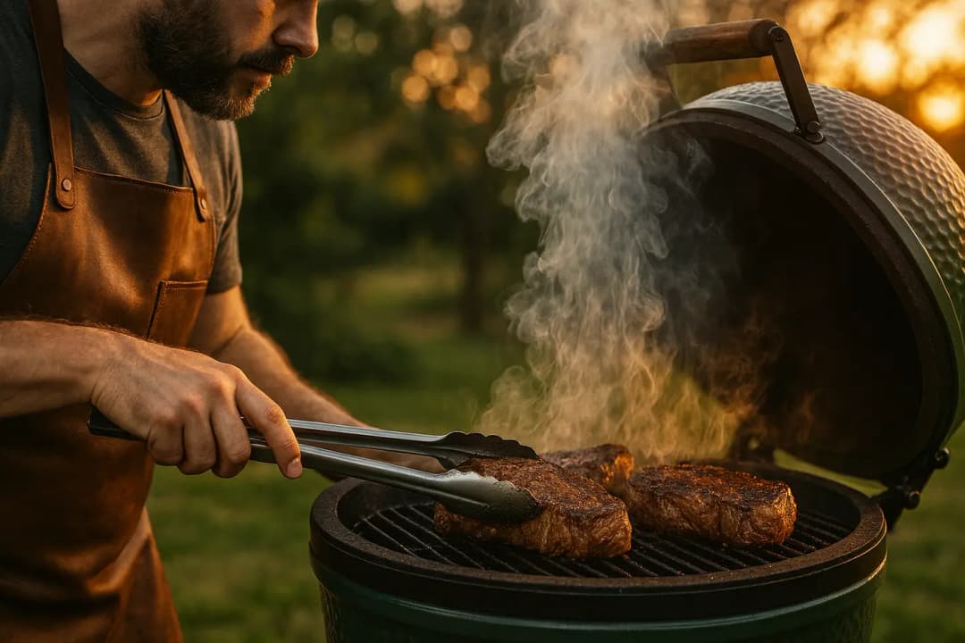 Close-up van vader die steaks grillt op luxe BBQ met professionele accessoires