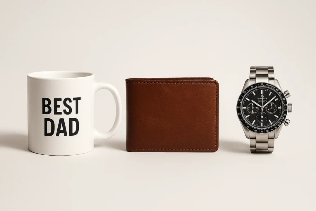 Drie vaderdagcadeaus in verschillende prijsklassen: mok, leren portemonnee en horloge