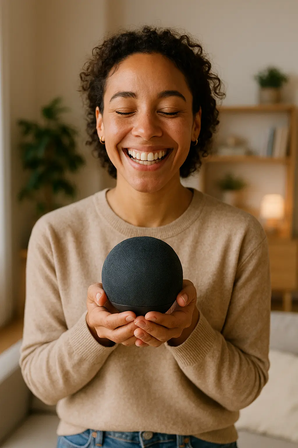 Gelukkige persoon met nieuw apparaat