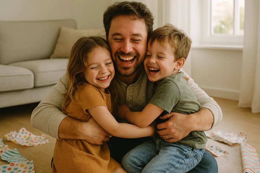 Gelukkige vader omhelst zijn kinderen na het uitpakken van vaderdagcadeau