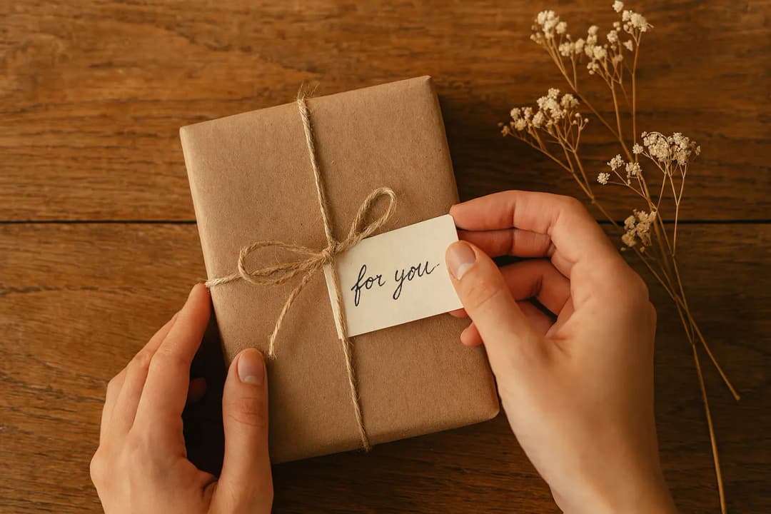 Handen pakken vaderdagcadeau in met kraftpapier en handgeschreven kaartje