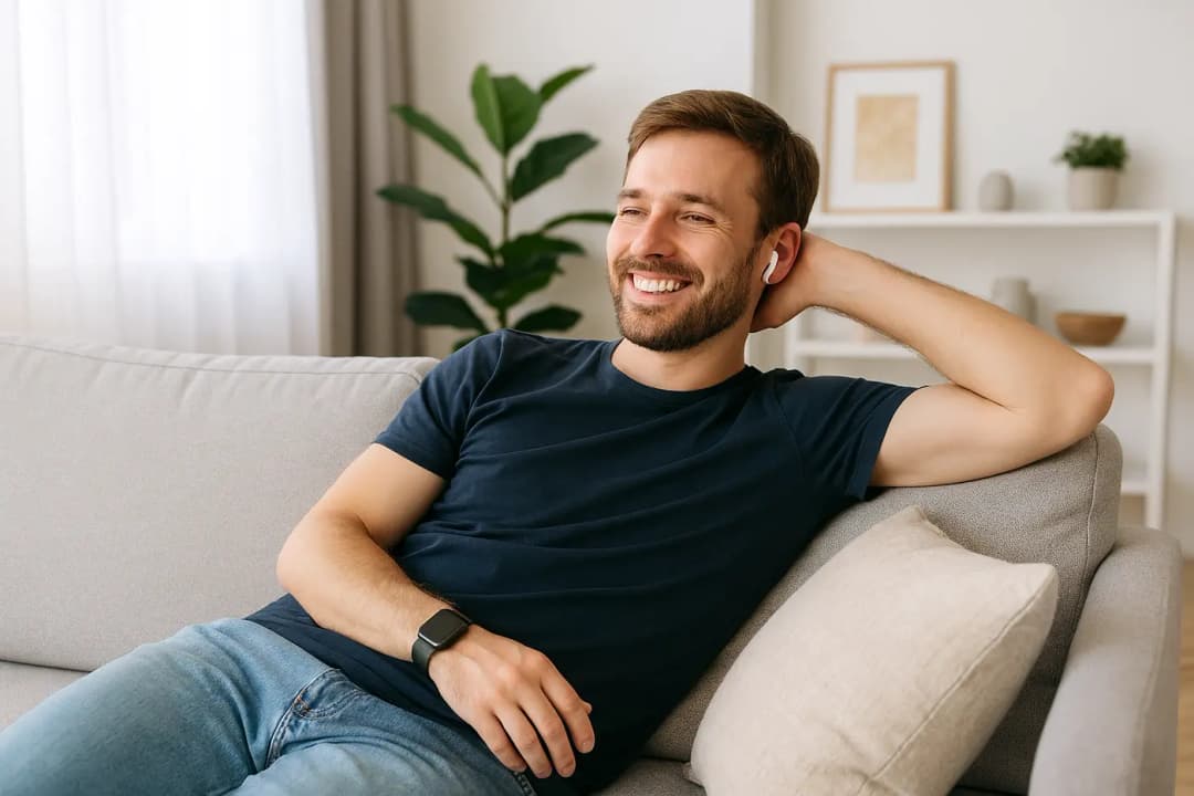 Jonge vader ontspant met draadloze oordopjes en smartwatch in moderne woonkamer