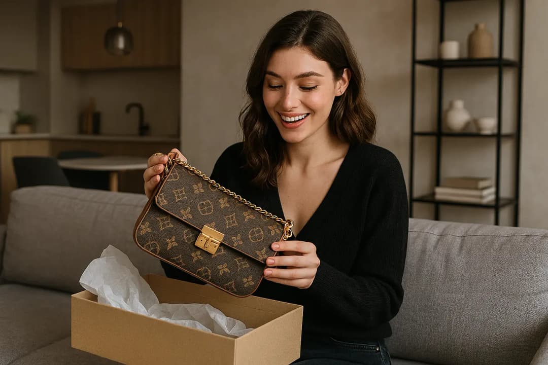 Jongvolwassen vrouw pakt designer tas uit als valentijnsgeschenk