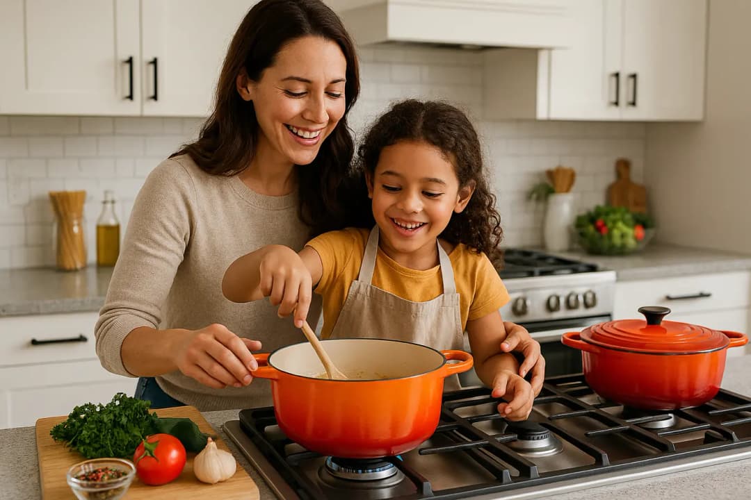 Moeder en kind koken samen in moderne keuken