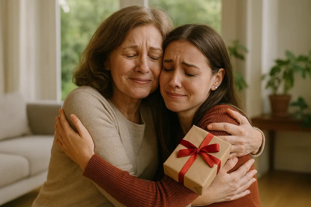 Moeder omhelst dochter na ontvangen van cadeau