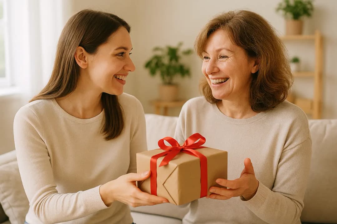 Moeder ontvangt ingepakt cadeau van dochter in lichte woonkamer