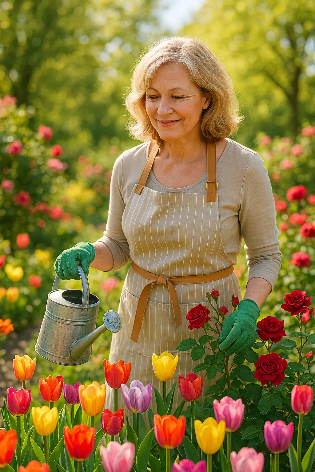 Moeder tuiniert tussen bloeiende tulpen en rozen