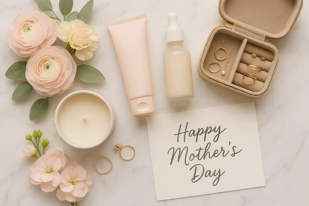 Moederdag cadeau ideeën flatlay met skincare, sieraden, kaars en bloemen