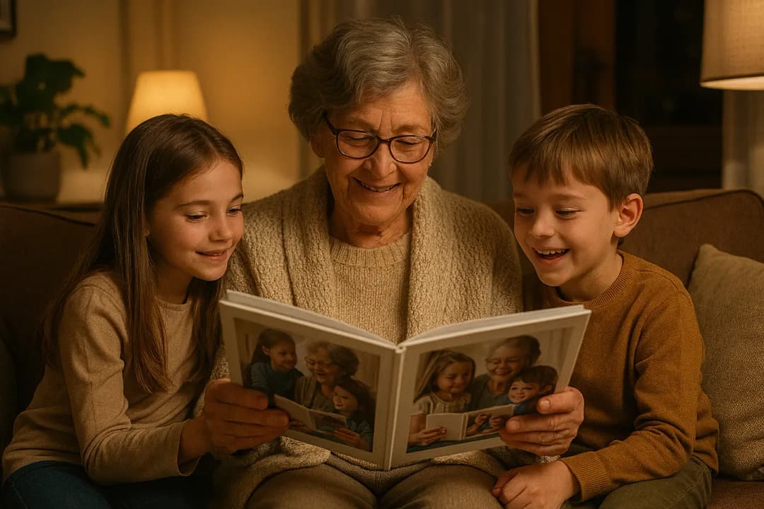 Oma bekijkt fotoboek met kleinkinderen in gezellige woonkamer
