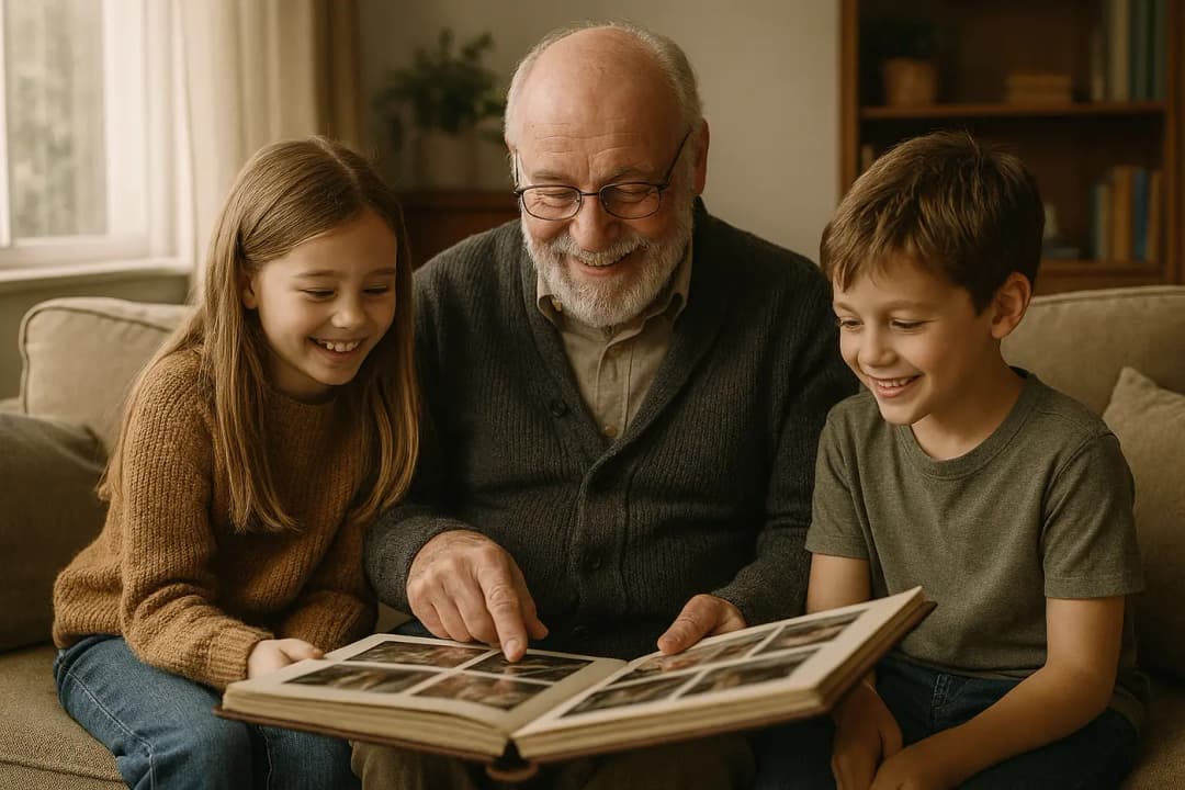 Opa bekijkt samen met kleinkinderen een fotoboek op de bank