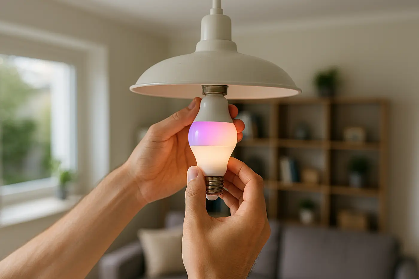 Persoon installeert lamp in woonkamer