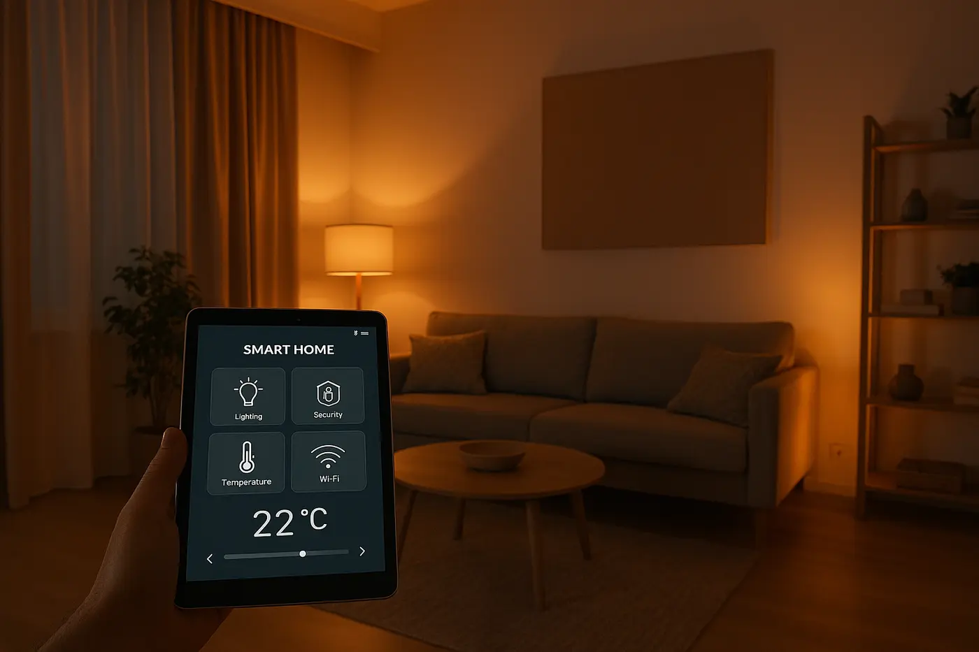 Smarthome dashboard op tablet in moderne woonkamer met LED verlichting