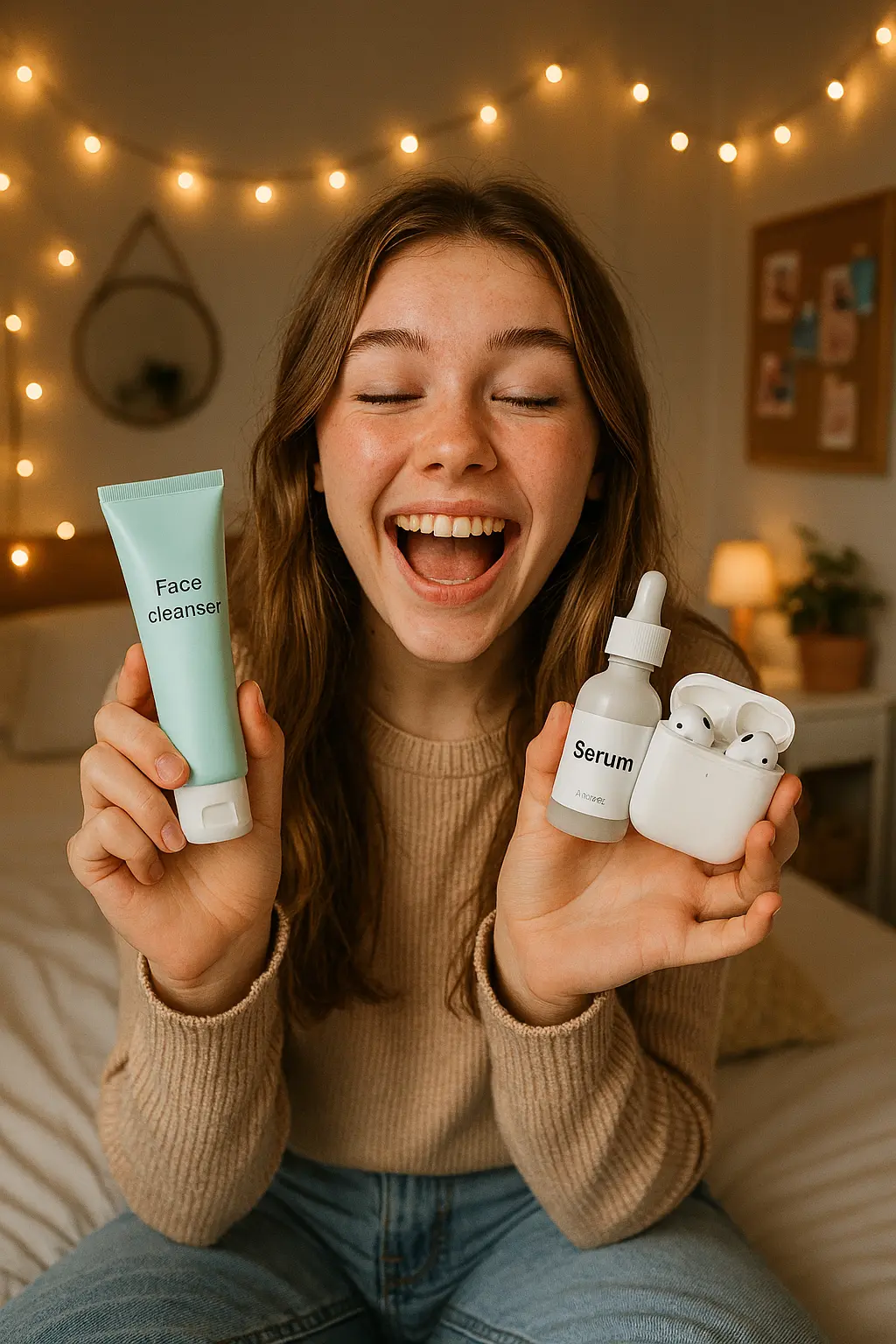 Tienermeisje blij met skincare en tech cadeau voor valentijnsdag