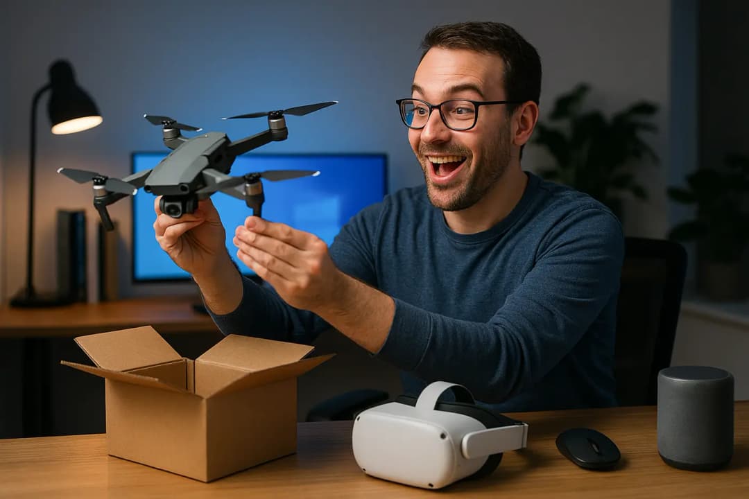 Vader test nieuwe tech gadgets zoals drone en VR headset aan bureau