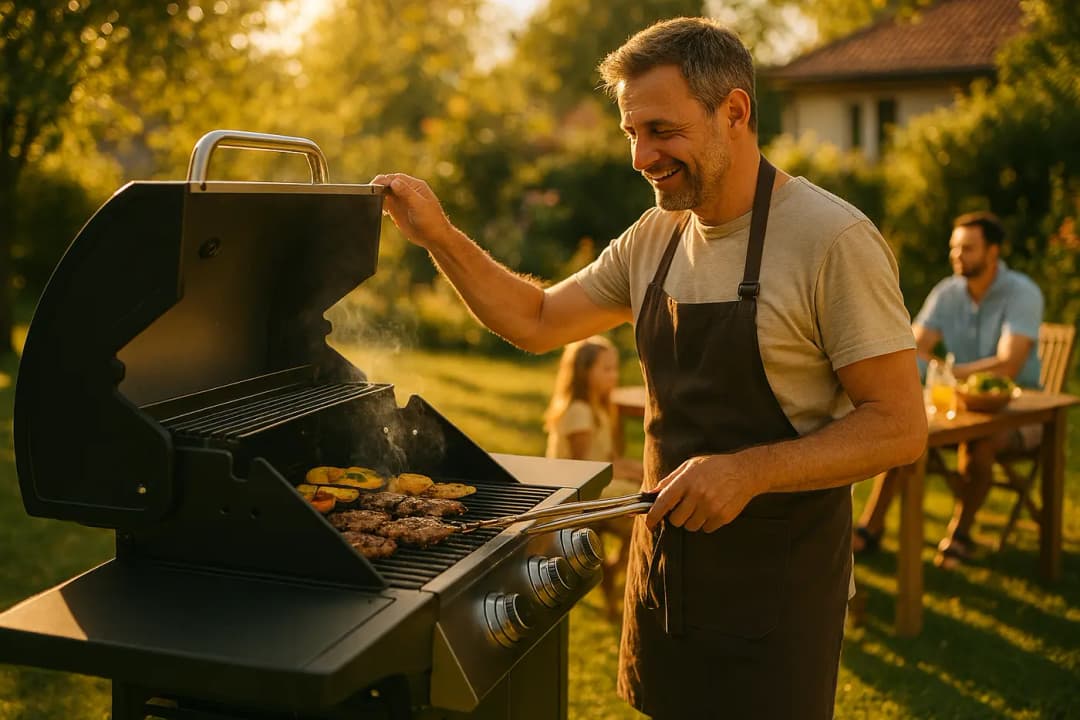 Vader van middelbare leeftijd grillt op BBQ in zonnige achtertuin met gezin op de achtergrond