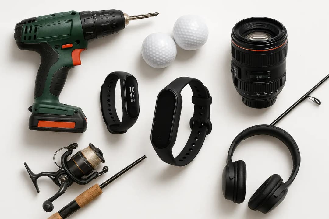 Verzameling hobby cadeaus voor vaderdag: gereedschap, sport accessoires en tech gadgets