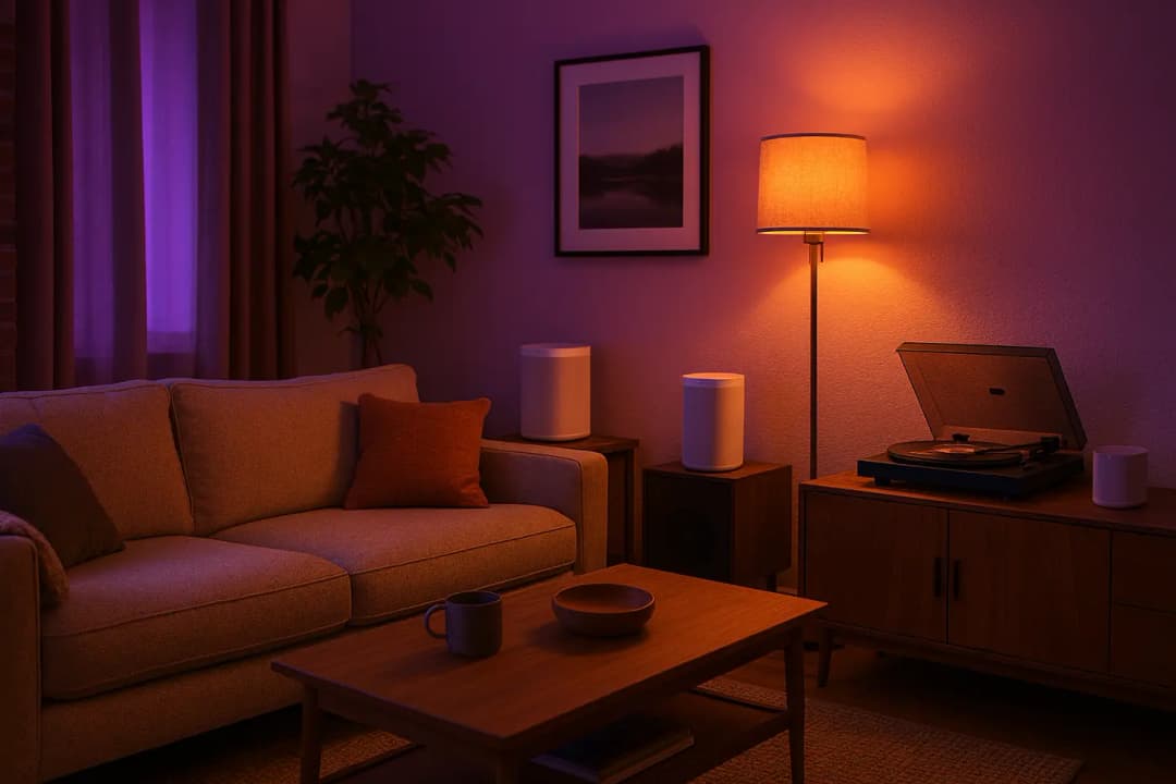 Woonkamer met multi-room audio systeem en sfeerverlichting